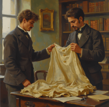 Two young men examine an old, faded wedding dress.
