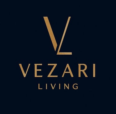 Vezari Living official brand logo in navy blue and gold - luxury handmade carpets from Bhadohi, India