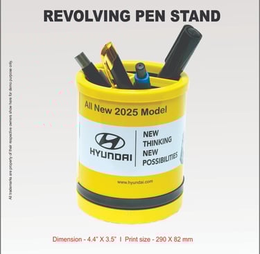 Yellow revolving pen stand with Hyundai branding holding pens and markers.