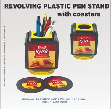 Revolving plastic pen stand and round coasters featuring Parle Rusk branding for office desk organization.