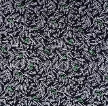 Silk print fabric: black background + white leaves