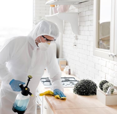 a man in a white suit and a white coat is cleaning a counter