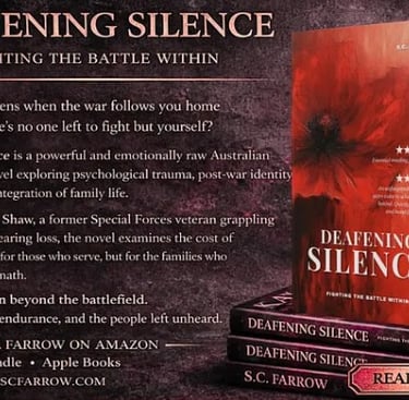 Promotional banner for Deafening Silence, an Australian literary fiction novel about a veteran with PTSD.