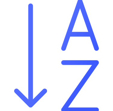 Blue alphabetical sorting icon showing A to Z order with a downward arrow on a black background.