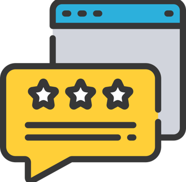 Flat line icon of a yellow customer testimonial speech bubble with three stars over a browser window.