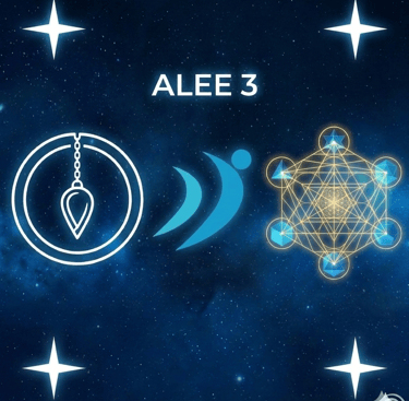 un pendule, le logo nerti et le cube de métatron dans un ciel étoilé