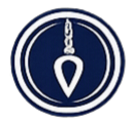 A circular navy blue and white emblem featuring a stylized drop or pendulum icon on a black background.