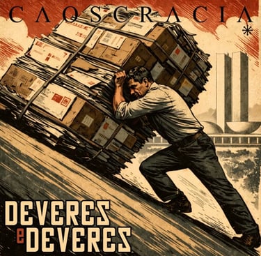 Vintage poster art of a man pushing a heavy stack of boxes uphill with the text Caoscracia and Deveres e Deveres.