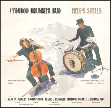 Album cover for Hell's Spells by Voodoo Drummer Duo featuring a cellist and a drummer.