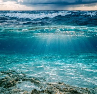 Split view of a stormy sea and calm underwater light for Water-blessed Reiki master training.