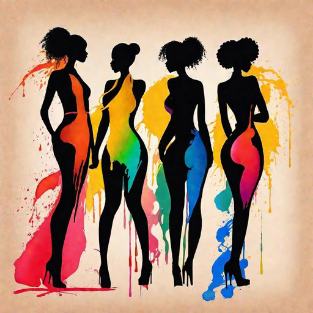 a group of women in swimsuits standing in front of a colorful background