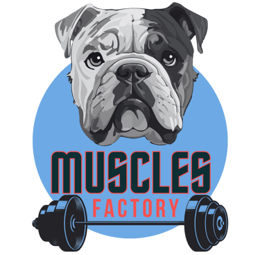 Logo pour la société Muscles Factory représentant un Bulldog Anglais avec une barre de musculation