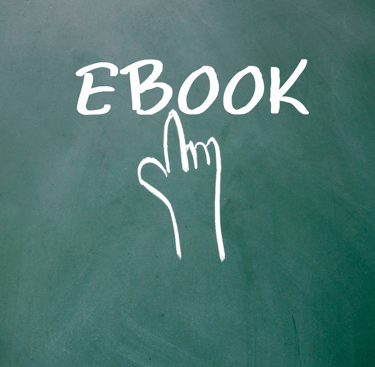 "Illustration d'une main pointant vers le mot 'EBOOK' écrit en blanc sur un fond vert.