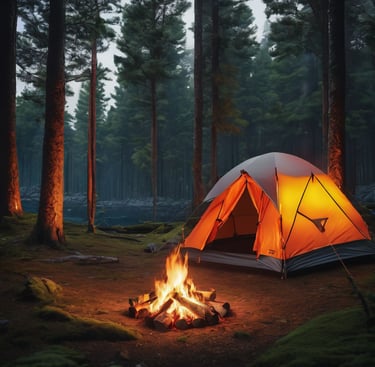 Tent in the woods with campfire