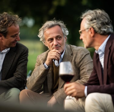 Drei Männer unterhalten sich im Garten