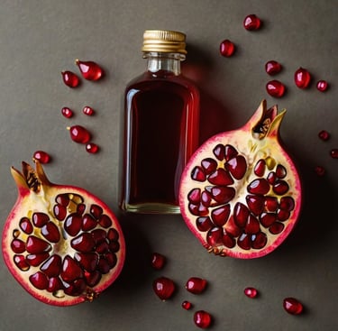 a bottle with red pomegranate oil on a table am two pomegranate