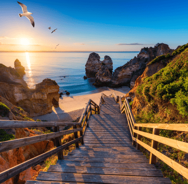 a wooden staircase leading to a beach
