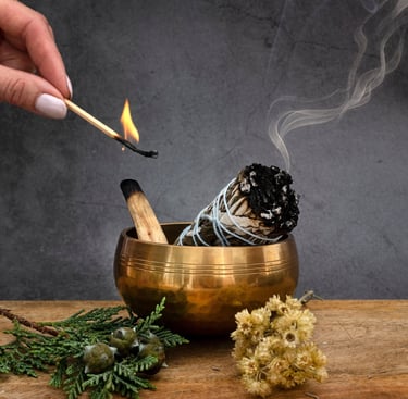 remote spiritual cleansing ritual with sage smoke, candlelight and protective energy work performed