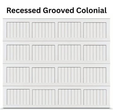 White recessed grooved colonial style sectional garage door with decorative vertical panels.