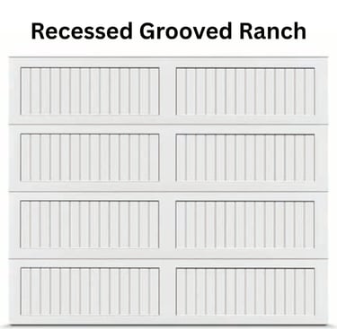 White recessed grooved ranch style garage door with vertical panel textures.