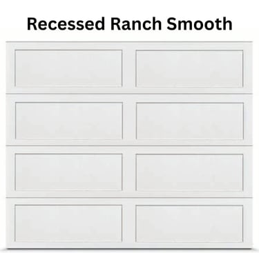 A Recessed Ranch Smooth style white sectional garage door featuring eight long rectangular panels.