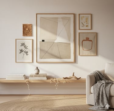 Generic living room wall decor with mass-produced framed prints lacking texture and personality.