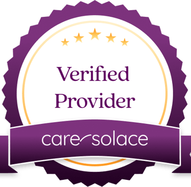 a purple badge with the words verified by care - solace