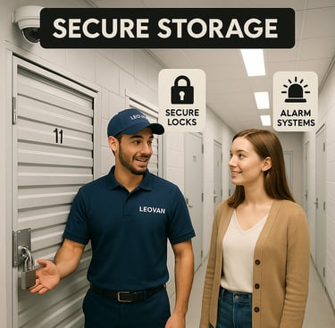 Leovan team member in storage facility locking safely unit with padlock for customer