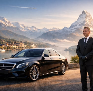 Professional chauffeur service with luxury black limousine sedan in Switzerland