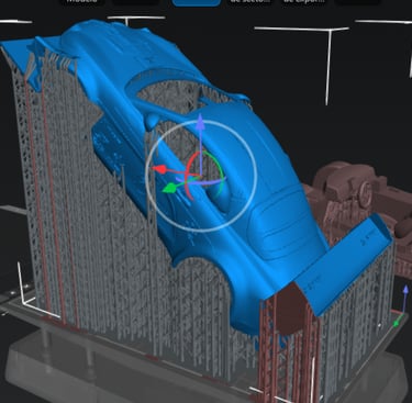 A 3D model of a car body with support structures being prepared in SLA 3D printing software.