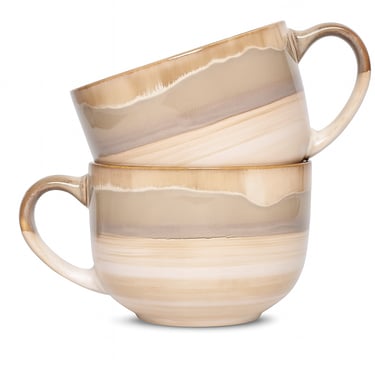 Two stacked ceramic mugs with a wide, rounded shape and earth-toned gradient glaze featuring beige