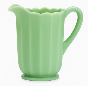 A vintage-style jadeite green glass pitcher with vertical ridges and a scalloped rim
