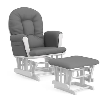 a rocking glider glider chair with a grey and white upholstered seat