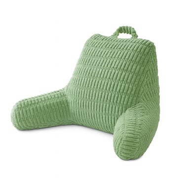 Sage green corduroy backrest pillow with arms and carry handle.