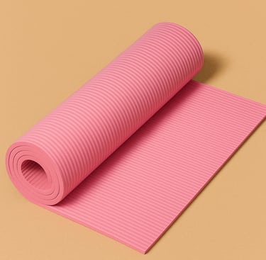 Rolled pink yoga mat on a warm beige surface