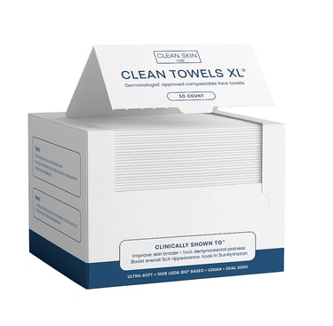 Box of Clean Skin Club XL disposable face towels in white packaging