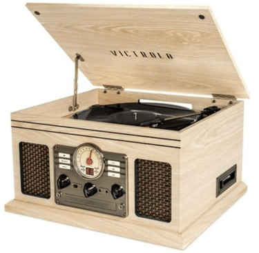 light cream wooden victrola Bluetooth electronic record player