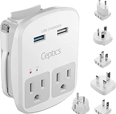 Ceptics Universal Travel Adapter Kit - 2 USB, USB-C Cord+2 US Outlets QC 3.0, Surge Protection