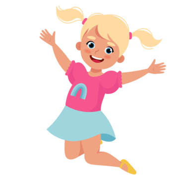 Colorful, smiling cartoon girl jumping and celebrating