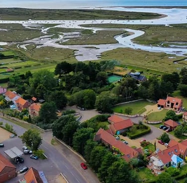 Brancaster Staithe village and marsh airial view