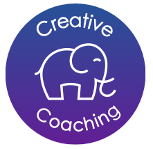 Creative Coaching logo, an elephant in a circle with purple ombre shading