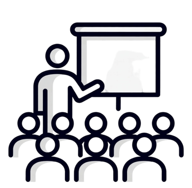 A minimalist white icon of a teacher giving a presentation to a seated classroom audience on a black background.