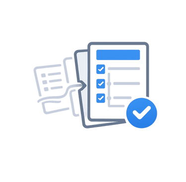 Digital checklist icon featuring blue checkmarks and a verified completion badge on a dark background.