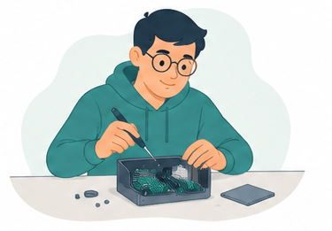 Illustration of a startup founder with a working prototype representing a hardware product ready for