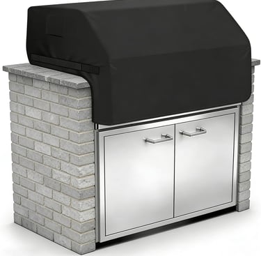 Durable black waterproof grill cover protecting a built-in stainless steel outdoor kitchen BBQ.