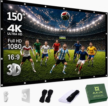A 150-inch 4K outdoor projector screen displaying a soccer game with professional athletes in a stadium.