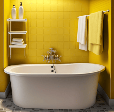 yellow wallpaper and a white bathtub