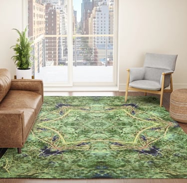 Digital image featuring an abstract forest kaleidoscope design on an Area Rug. 