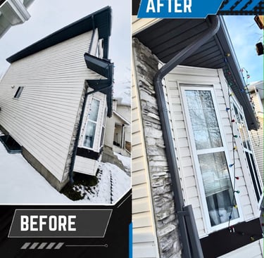 Damaged residential gutters after hailstorm in Country Hills NW Calgary.