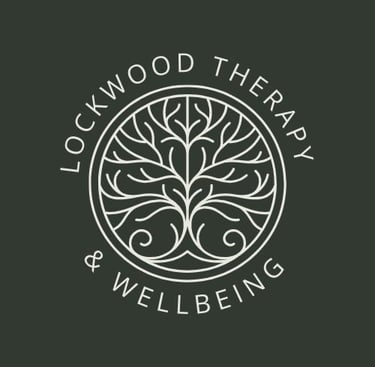 A logo for Lockwood Therapy and wellbeing which is a dark forest green background with a white logo